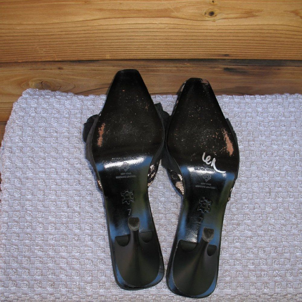 Black Lace Bow Mules Shoes Heels - Picture 6 of 8